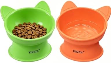 YINEYA Elevated Cat Bowls 2 Pcs, Cat Food Bowl to Protect Neck & Anti-Vomit, Whisker-Friendly Raised Food and Water Bowls Set for Indoor Cats/Small Dogs, Cute Pet Feeding Bowl 6 OZ Each, Orange&Green by YINEYA
