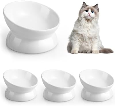 LoeJan Elevated Cat Food Bowl, 5 Oz Ceramic Raised and Tilted Water Bowl, Anti Vomiting and Protect Pets' Spines Dishes for Small Dog, Fat Faced Cat, Kitten (White, 4 Pack) by LoeJan