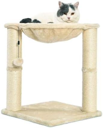 Amazon Basics Cat Tower with Hammock Bed and Scratching Post for Indoor Cats, Easy to Assemble, Interactive Hanging Ball, 15.8" x 15.8" x 19.7", Beige - Image 4