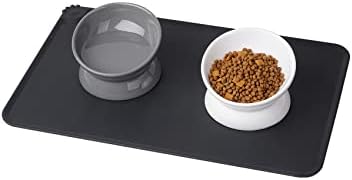LoeJan Elevated Cat Food Bowl, 5 Oz Ceramic Raised and Tilted Water Bowl, Anti Vomiting and Protect Pets' Spines Dishes for Small Dog, Fat Faced Cat, Kitten (White & Grey) by LoeJan