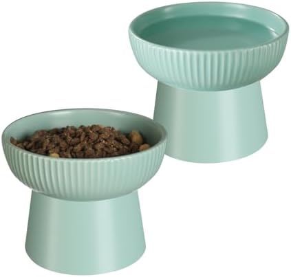 Ceramic Elevated Cat Bowls-Water Bowl, 15° Tilted Design, Anti-Vomiting & Spine Protection, Prevent Whisker Fatigue for Kittens to Adult Cats and Small Dogs (Green-Elevated Cat Bowls-2) by Pin+Forest