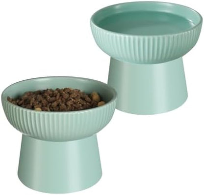 Ceramic Elevated Cat Bowls-Water Bowl, 15° Tilted Design, Anti-Vomiting & Spine Protection, Prevent Whisker Fatigue for Kittens to Adult Cats and Small Dogs (Green-Elevated Cat Bowls-2) by Pin+Forest
