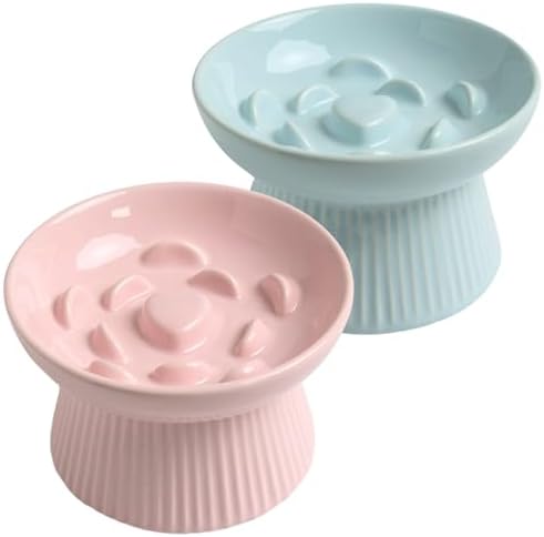 2 Pack Ceramic Slow Feeder Cat Bowl, Raised Puzzle Feeder, Anti-Vomiting, Elevated Food Bowl, Whisker Friendly (Blue, Pink) by LeServeta