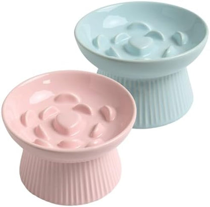 2 Pack Ceramic Slow Feeder Cat Bowl, Raised Puzzle Feeder, Anti-Vomiting, Elevated Food Bowl, Whisker Friendly (Blue, Pink) by LeServeta