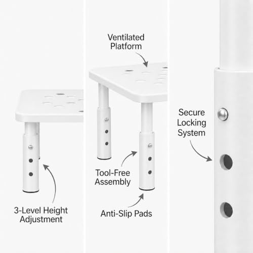 Raised Automatic Cat Feeder Stand for Double Bowl Feeders, Carbon Steel 14.57 x 9.25 in, 3 Adjustable Heights 4.13-5.71 in, Non-Slip, Fits Feeders & Water Dispensers, No-Drill (White) - Image 2