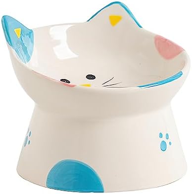 Cute Ceramic Raised Cat Bowls Elevated Design, 15° Tilted FeederProtect Cat's Spine Anti Vomiting Blow for Flat Faced Cats, Kitten Small Dogs,Raise Tilted Cat Food Bowld Pet Dishes(Blue) by KUNVAMUL