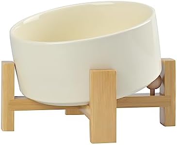 SPUNKYJUNKY 15° Slanted Ceramic Dog and Cat Bowl with Wooden Stand, Tilted Bulldog Food and Water Bowl No Slip Non-Spill for Cats Medium Dogs Big Face Pets 28.7 OZ (3.6 Cups, Beige) by SPUNKYJUNKY