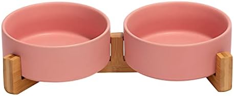 SPUNKYJUNKY Ceramic Dog and Cat Bowl with Wood Stand Non-Slip Matte Glaze Weighted Food Water Set for Cats &Small Dogs 13.5 OZ by SPUNKYJUNKY