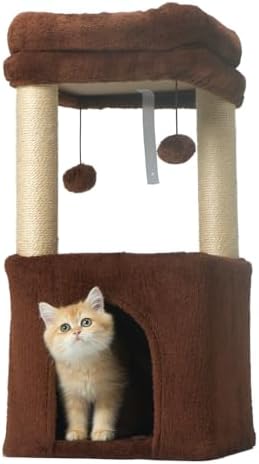 PEEKAB Small Cat Tree with Condo Up to 8 Lbs,Kitty Tower with Scratching Post and Perch for Kittens and Small Cats,Dangling Ball,Beige by PEEKAB
