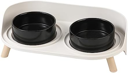Raised Cat Food and Water Bowl Set - Elevated Ceramic Dishes with Non-Slip Stand and Splash Guard for Small Dogs - 2 x 320 ML (4.9 OZ) - Black by AHX