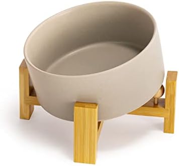 SPUNKYJUNKY 15° Slanted Ceramic Dog and Cat Bowl with Wooden Stand, Tilted Bulldog Food and Water Bowl No Slip Non-Spill for Cats Medium Dogs Big Face Pets 28.7 OZ (3.6 Cups, Grey) by SPUNKYJUNKY