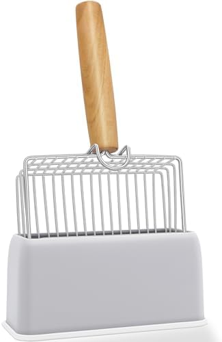 UFECODO Fast Sifting Cat Litter Scoop with Holder Stand, Stainless Steel Poop Scooper with Ergonomic Wood Handle, Heavy Duty and Easy Clean by UFECODO