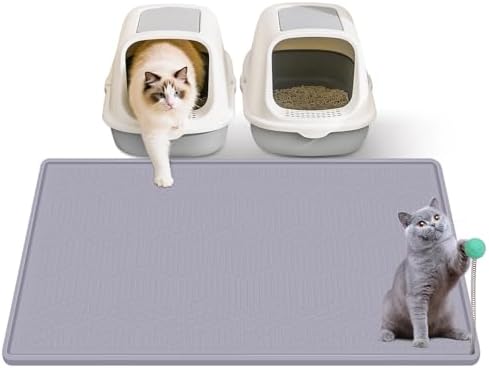 Silicone Cat Litter Mat with Toy, 38x25 Inch Large - Waterproof, Easy Clean Trapping Mat for Kitty Litter Box, Non-Slip Litter Box mat for Hardwood Floors & Carpet Protection (Grey) by Unknown