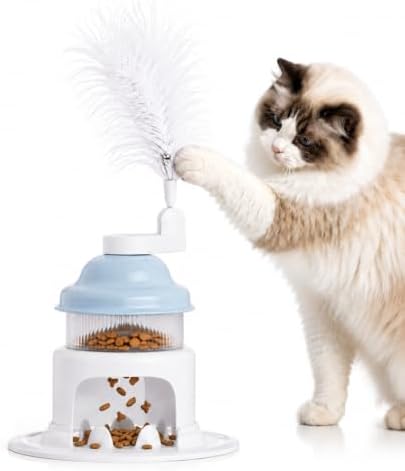 Cat Slow Feeder Toy with Feather Teaser, Interactive Puzzle Feeder for Cats, Mental Stimulation Foraging Toy, Suitable for Dry & Wet Food(Blue) by Unknown