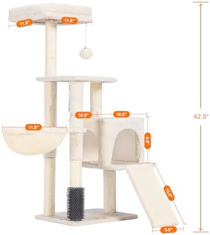 Heybly Cat Tree with Cat Self Groomer Brush, 42.5 inch HCT005SM - Image 3