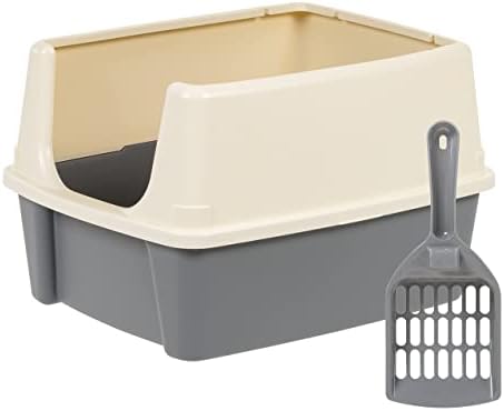 Amazon Basics Large Cat Litter Box with High Sides, Open Top for Easy Access, Includes Scoop with Storage, 19" x 15" x 11.75", Grey/Beige by AmazonBasics
