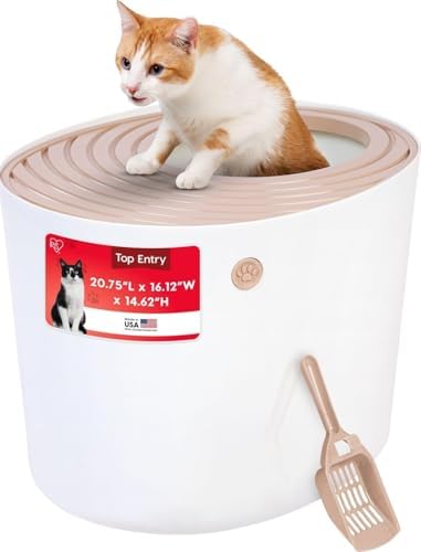 IRIS USA Large Top Entry Cat Litter Box, Hooded Privacy, Beige/White by IRISUSA