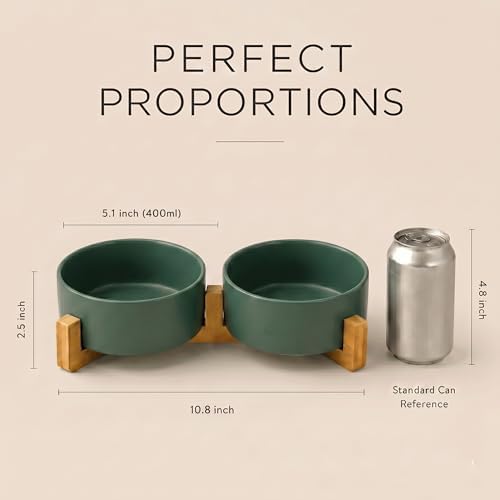 SPUNKYJUNKY Ceramic Dog and Cat Bowl with Wood Stand Non-Slip Matte Glaze Weighted Food Water Set for Cats &Small Dogs 13.5 OZ Green - Image 5