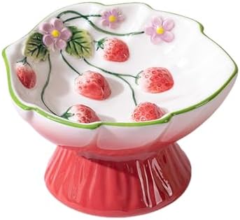 PawsPik Strawberry Blooms Elevated Ceramic Cat Bowl, Red by PawsPik