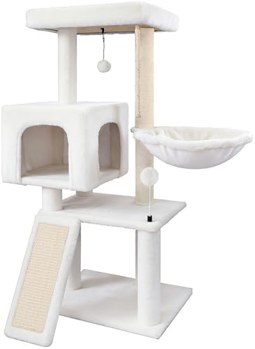 Cat Tree with Cat Condo and Hammock, Cat Tree with Scratching Posts and Scratching Pads, Cat Tower for Indoor Cats, Activity Centre Climbing Tree with Playful Toy Balls, Beige by Tuaoeef