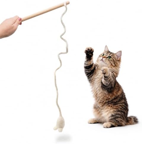 Glaciart One Mouse on a String Cat Toy – Durable Wooden Wand Cat Toy with Natural Wool Felt Mouse w/Catnip, Interactive Cat Toy on a Stick & Cat String Toys for Indoor Cats to Chase & Exercise by GlaciartOne