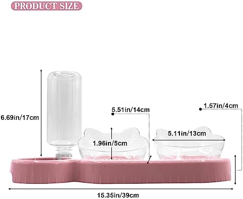 Triple Cat Bowls,15°Tilt 3-in-1 Water Feeder Bowls Cat Double Food Bowls with Automatic Water Bottle Bowl, Whisker Friendly Wet and Dry Cat Elevated Feeding Dishes for Small Cat and Puppy (Pink) - Image 5