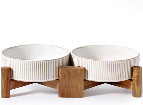 Getstar Elevated Ceramic Dog Cat Bowl Set - 1.8-Cup Raised Feeding Bowls with Non-Slip Wood Stand - Small Pet Dishes for Food and Water - Ideal for Cats and Puppies by Getstar