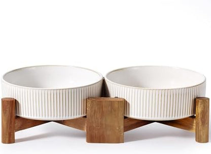 Getstar Elevated Ceramic Dog Cat Bowl Set - 1.8-Cup Raised Feeding Bowls with Non-Slip Wood Stand - Small Pet Dishes for Food and Water - Ideal for Cats and Puppies by Getstar