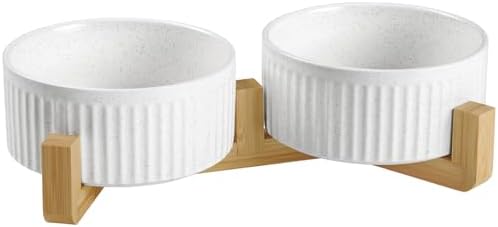 Non-Slip Ceramic Dog Bowls with Wood Stand,6" Dog Food and Water Bowl Set with Silicone Base, 32 OZ/4 Cups Weighted Flip-Proof Pet Feeding Bowl for Small Dogs and Cats (Medium,White) - Image 2
