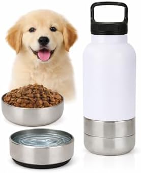 Portable Dog Water Bottle 3-in-1, 32 oz Stainless Steel Travel Dog Water Dispenser with Food Container & Double Bowls, Leakproof for Walking, Hiking & Travel (White) by Unknown