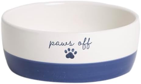 Pearhead Ceramic Cat Bowl, Holds 12 oz, Navy Blue “Paws Off” Design by Pearhead
