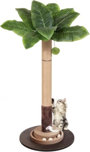 40" Cat Scratching Post, Natural Sisal Rope Cat Scratcher Tree, Cat Scratcher Post with Hanging Ball, Heavy-Duty Wood Base with Mouse Hole & Ball Track for Kitten & Adult Cats by PAWALAYA