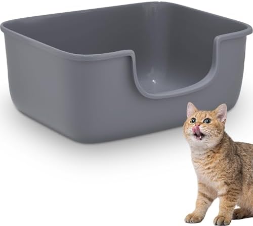 Large Cat Litter Box with High Sides, Open Kitty Litter Boxes Anti-Splashing for Indoor Cat Low Entry Cat Litter Pan for Small and Elderly Cats, Tool-Free Assembly(19.7” * 15.76” * 8.67” Grey) by Gefryco
