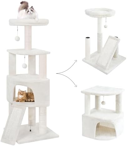 HUITREE 45in Cat Tree Tower with Big Condo for Indoor Kitten,Cat Tower with Scratching Post,Scratching Board and Cat Toys,Multi-Level,Small Space,Transformer Cat Tree, Beige(New) by HUITREE