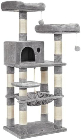 Feandrea Cat Tree, 55.8-Inch Large Cat Tower, Multi-Level Condo, Light Gray by FeandreabySONGMICSHOME