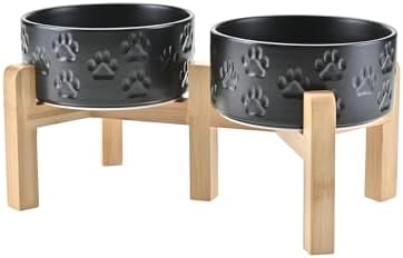 SPUNKYJUNKY Elevated Dog Bowls Ceramic, 6.1'' Dogs and Cat Food Water Bowls Raised with Non-Slip Bamboo Stand for Medium Sized Breed Microwave Dishwasher Safe - 28.7 OZ,Paw Black by SPUNKYJUNKY