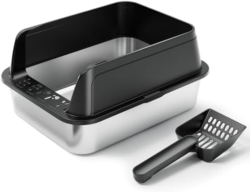 Premium Stainless Steel Cat Litter Box with Scoop – Large High-Sided Open Top Litter Pan, Rust-Resistant & Metal Kitty Litter Tray, Non-Stick Easy Clean Surface with Non-Slip Pads by FYLICA