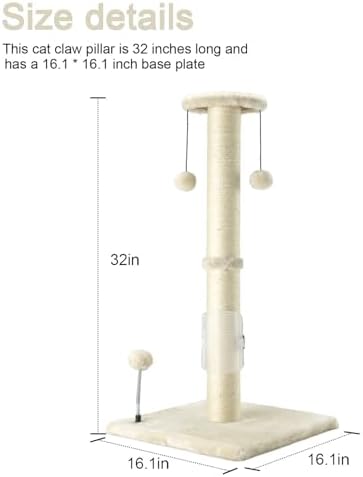 PEEKAB 32" Tall Cat Scratching Post Sisal Rope Scratch Posts with Hanging Ball and Self-Massage Brush Vertical Scratcher for Indoor Cats and Kittens(Beige 32inches) - Image 3