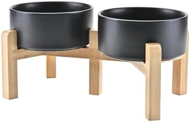 SPUNKYJUNKY Elevated Dog Bowls Ceramic, 6.1'' Dogs and Cat Food Water Bowls Raised with Non-Slip Bamboo Stand for Medium Sized Breed Microwave Dishwasher Safe - 28.7 OZ,Black by SPUNKYJUNKY