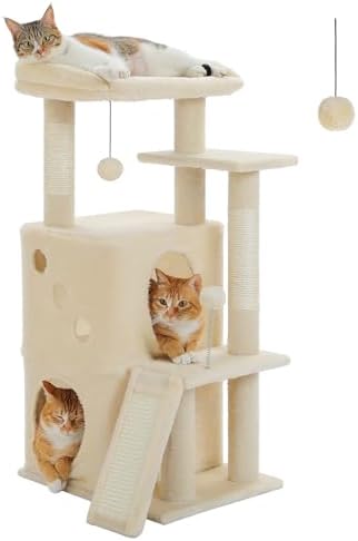 PETEPELA Kitten Cat Tree, 34.6" Small Cat Tower with Ramp & Toys, Beige - Image 2