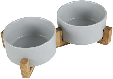 Ceramic Dog and Cat Bowl Set with Wooden Stand Matte Glaze Elevated Food Water Set Anti-Tip Non-Slip Weighted for Cats Small Breed Dogs-Grey-13.3OZ by Unknown