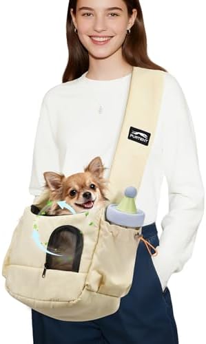 Dog Sling Carrier for Small Pets, Cat Sling for Kitten and Puppy up to 7 lbs, Breathable Cat Pouch Pet Purse with Soft Mat, Hands-Free Pet Carrier with Safety Harness and Pockets for Travel, Yellow by FURTENT