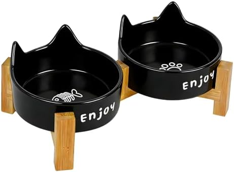Ceramic Dog and Cat Bowl Set with Wooden Stand Elevated Non-Slip Weighted Anti-Spill Matte Finish for Cats Kittens Small Dogs-Black Cat Ear-6.76 OZ by Unknown
