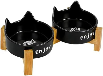 Ceramic Dog and Cat Bowl Set with Wooden Stand Elevated Non-Slip Weighted Anti-Spill Matte Finish for Cats Kittens Small Dogs-Black Cat Ear-6.76 OZ by Unknown