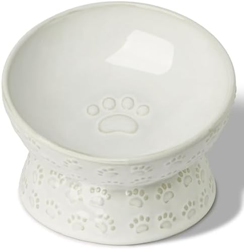 Ceramic Cat Food Bowl, 15° Tilted Raised Cat Food Bowl 5 oz (Vintage White) by QUXIJA