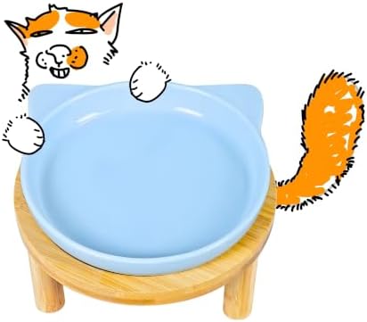 Elevated Ceramic Cat Bowls with Bamboo Stand for Cat Bowl, Whisker Friendly Shallow Cat Plate, Stable Raised Cat Food Riser for Indoor Cats (Blue, Set of 1) by Tafelf