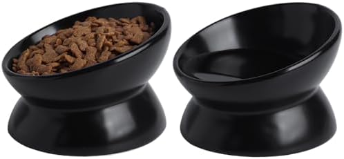 Elevated Ceramic Cat Bowl, 15° Tilted Raised Food & Water Dishes, Anti-Vomiting & Neck Protection Pet Feeder for Kittens, Small Dogs (5.2", Black, 2pc Set) by KITCHENLESTARaddsmorebeautifulcolourstoyourlife