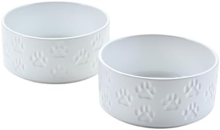 SPUNKYJUNKY Ceramic Dog and Cat Bowls 2 Pack, 5.1'' Dog and Cat Food Water Double Feeding Bowls Non-Slip for Cats and Puppy Small Sized Breed Dogs Microwave Dishwasher Safe - 13.5 OZ, 2pcs, Paw White by SPUNKYJUNKY