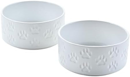 SPUNKYJUNKY Ceramic Dog and Cat Bowls 2 Pack, 5.1'' Dog and Cat Food Water Double Feeding Bowls Non-Slip for Cats and Puppy Small Sized Breed Dogs Microwave Dishwasher Safe - 13.5 OZ, 2pcs, Paw White by SPUNKYJUNKY