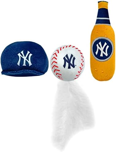 BEST PLUSH CAT TOY - MLB NEW YORK YANKEES Complete Set of 3 piece Cat Toys filled with Fresh Catnip. Incl: 1 Baseball Cap Cat Toy, 1 Baseball Cat Toy with Feathers & 1 Beer Bottle. Beautiful Team LOGO - Image 5